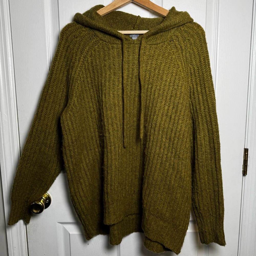 Aerie Olive Green Chunky Oversized Knit Hooded Sweater XS Cozy Wool Blend
